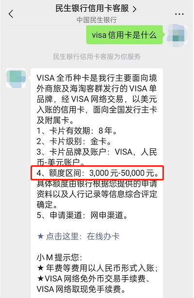 民生银行visa信用卡额度
