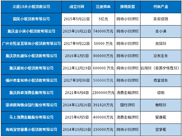 正规10大小额贷款公司